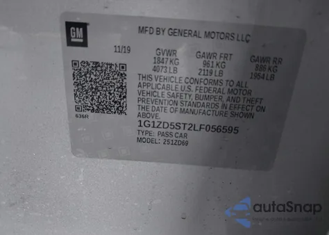 2020 Chevrolet Malibu Fwd Lt z USA, uszkodzony, nr VIN 1G1ZD5ST2LF056595